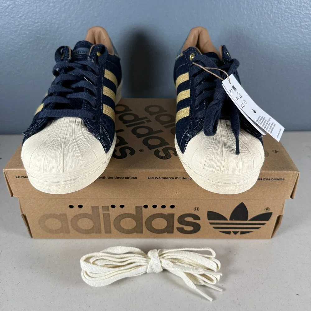 Adidas Superstar Denim‎ Navy Gold Indigo Shell Toe Sneakers GX6351 Size 8 - Picture 3 of 9
